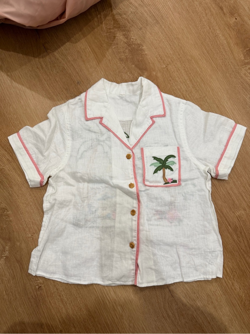 Zimmermann White Kids Palm-Embroidered Button-Front Shirt with Pink Trim